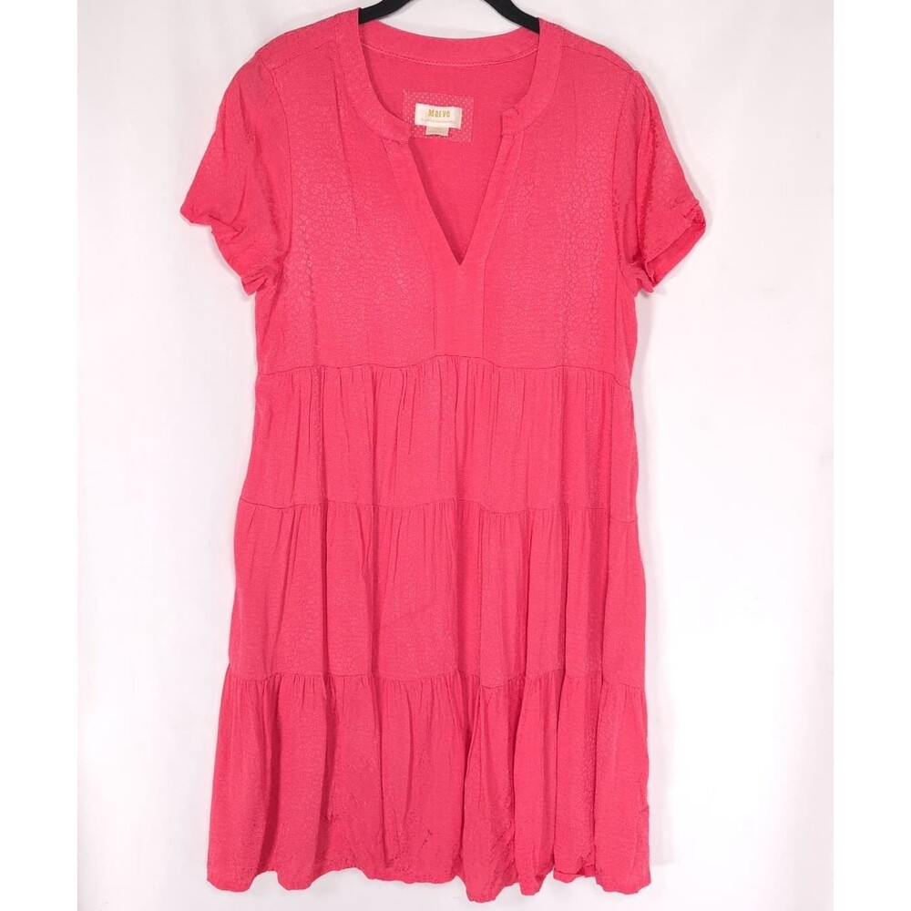 ANTHROPOLOGIE MAEVE Women's Midi Dress Coral MEDIUM V-Neck Tiered OB1165796